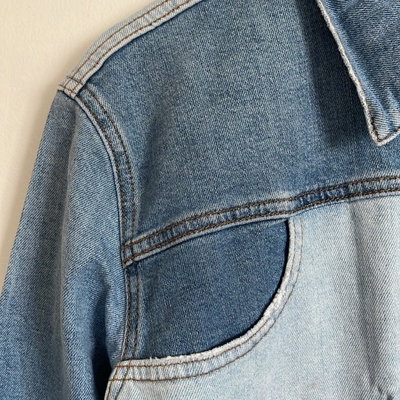 JONATHAN SIMKHAI STANDARD Mirage Patchwork Distressed Denim Blue Jean Jacket - Picture 5 of 17